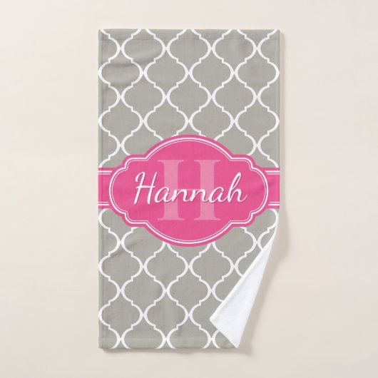 Graues weißes Gittermuster Pink Monogramm Handtuch (Handtuch)