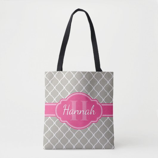 Graues weißes Gittermuster Pink Monogramm Tasche (Vorderseite)