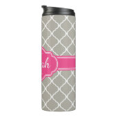 Graues weißes Gittermuster Pink Monogramm Thermosbecher (Nach rechts gedreht)
