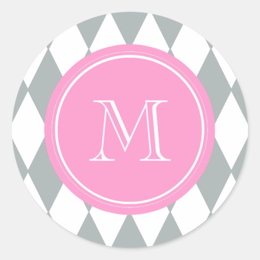 Graues weißes Harlequin-Muster, rosa Monogramm Runder Aufkleber (Vorderseite)