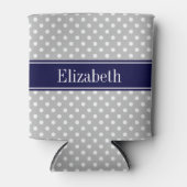 Graues weißes Polka Dots Navy Blue Name Monogram Dosenkühler (Vorderseite)