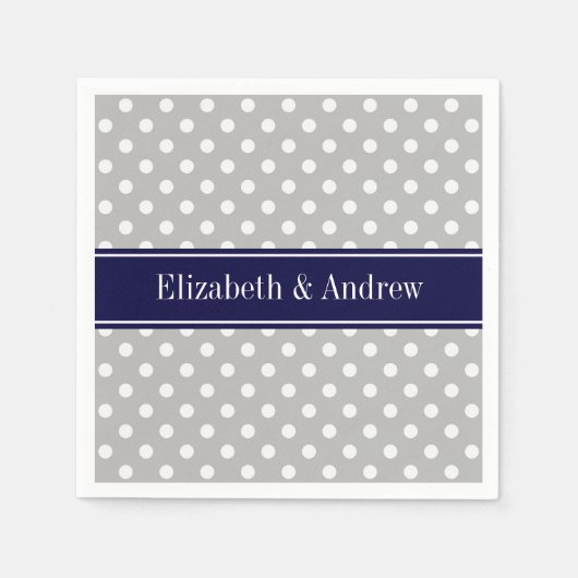 Graues weißes Polka Dots Navy Blue Name Monogram Serviette (Vorderseite)
