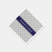 Graues weißes Polka Dots Navy Blue Name Monogram Serviette (Ecke)