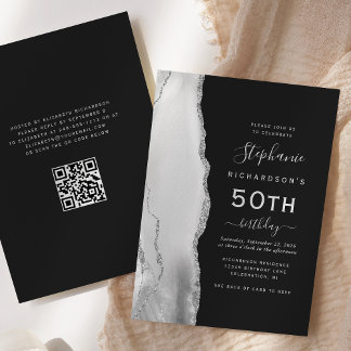 Graues weißes Silber Agate QR Code 50. Geburtstag Einladung