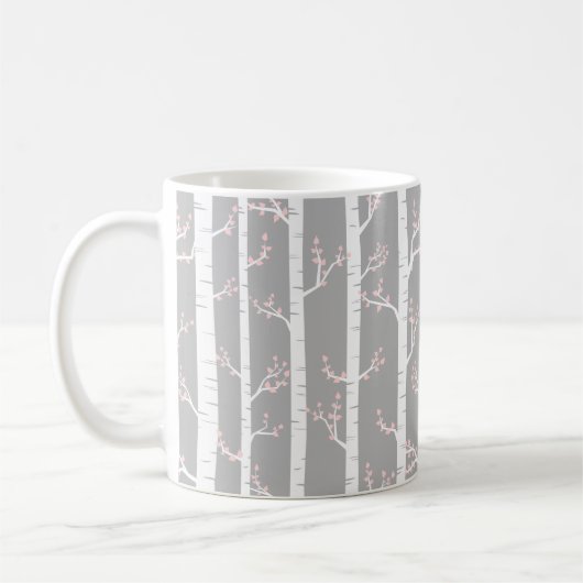 Graues, weißes und Pastellrosa-Birken-Baum-Wald Kaffeetasse (Links)