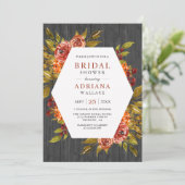 Graues Wood Burnt Orange Floral Fall Brautparty Einladung (Stehend Vorderseite)
