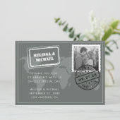 Graues World Map Hochzeit in Urlaubsort Foto Dankeskarte (Stehend Vorderseite)