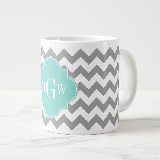 Graues, Zickzack Aqua-Quatrefolie 3 Monogramm Jumbo-Tasse (Vorderseite Rechts)