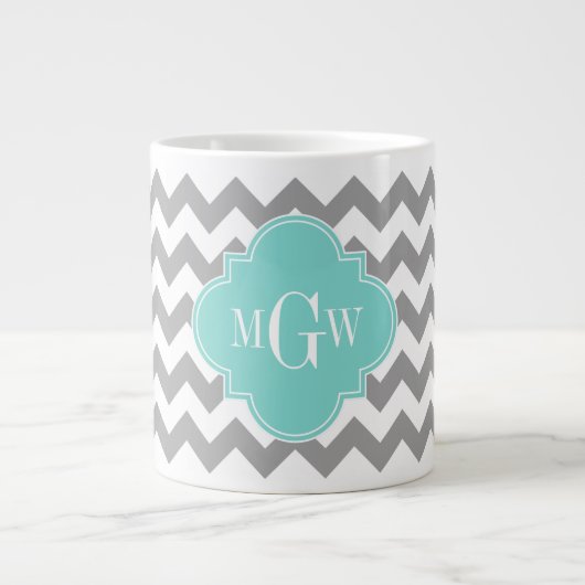Graues, Zickzack Aqua-Quatrefolie 3 Monogramm Jumbo-Tasse (Vorderseite)