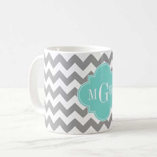 Graues, Zickzack Aqua-Quatrefolie 3 Monogramm Kaffeetasse (Vorderseite Links)