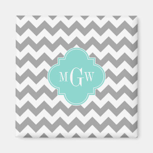 Graues, Zickzack Aqua-Quatrefolie 3 Monogramm Magnet