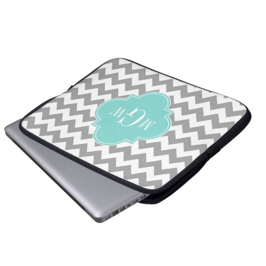 Graues, Zickzack Aqua Turq Quatrefolie 3 Monogramm Laptopschutzhülle (Vorne Knopf)