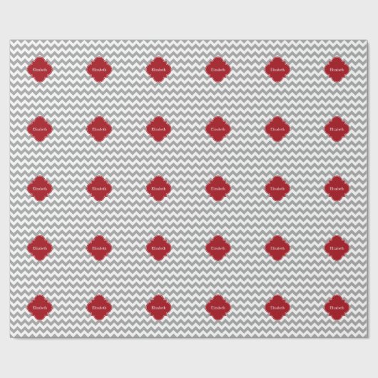 Graues, Zickzack Cranberry Red Quatrefolienmonogra Geschenkpapier (Flach)