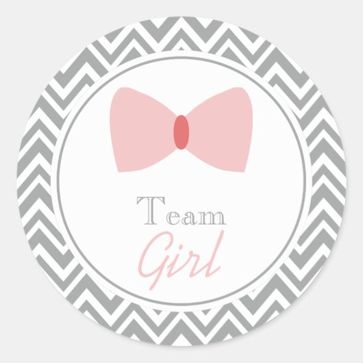 Graues Zickzack Gender Reveal Bow Team Girl Runder Aufkleber (Vorderseite)