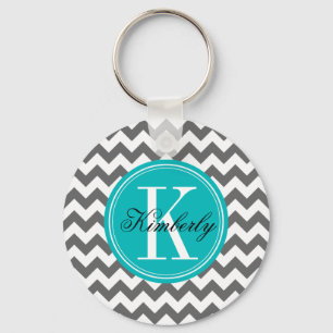 Graues Zickzack mit aquamarinem Monogramm Schlüsselanhänger
