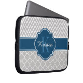 Graues Zickzack Quatrefolienmuster Blaues Monogram Laptopschutzhülle (Vorne Rechts)