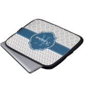 Graues Zickzack Quatrefolienmuster Blaues Monogram Laptopschutzhülle (Vorne Knopf)