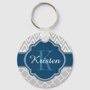 Graues Zickzack Quatrefolienmuster Blaues Monogram Schlüsselanhänger