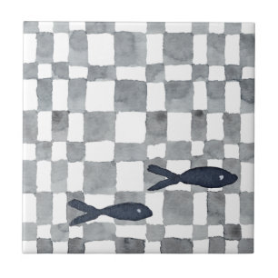 Graufarbene Karos Fische Keramik Tile Fliese