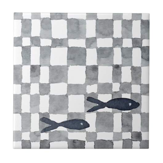 Graufarbene Karos Fische Keramik Tile Fliese (Vorderseite)