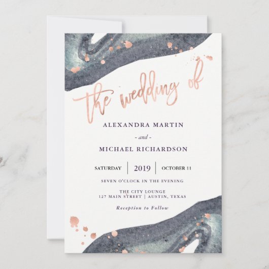 Graufarbener Geode und Imitat Rose Gold| Hochzeit Einladung (Vorderseite)