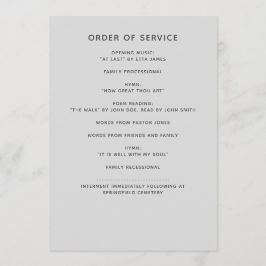 Graufarbenes Foto mit 2 Seiten Bestattung Programm (Rückseite)