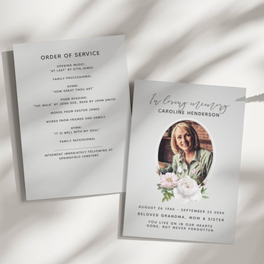 Graufarbenes Foto mit 2 Seiten Bestattung Programm