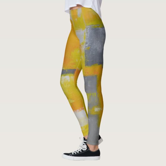 Graugelbe abstrakte Kunstmalerei Leggings (Links)