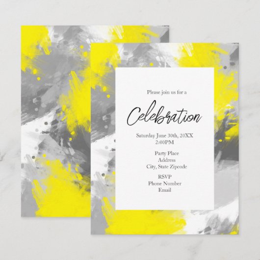 Graugelbe Abstrakte Pinselstriche Einladung (Vorne/Hinten)