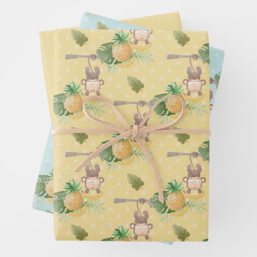 Graugelbe Affenbaum Babydusche Geschenkpapier Set (Beispiel)