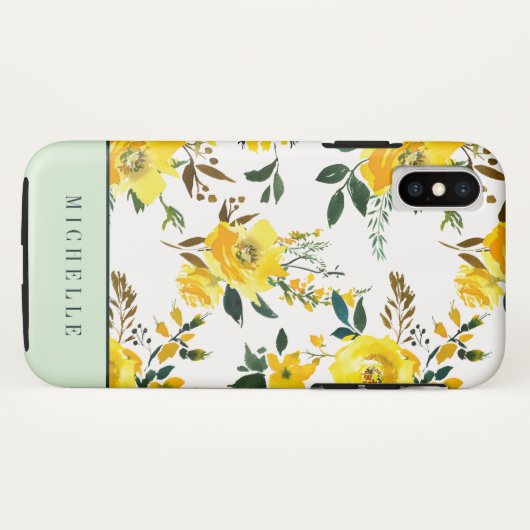 Graugelbe Blumen und Grünpflanzen, Monogramm Case-Mate iPhone Hülle (Rückseite (Horizontal))