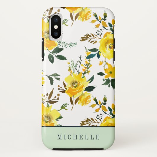 Graugelbe Blumen und Grünpflanzen, Monogramm Case-Mate iPhone Hülle (Rückseite)