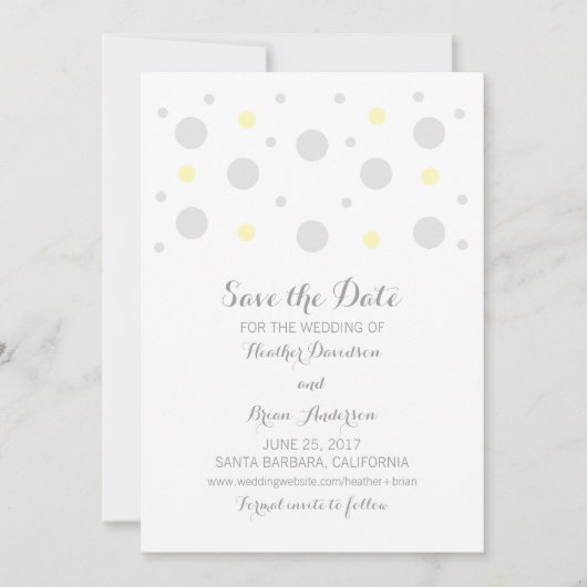 Graugelbe Konfetti Save the Date einladen (Vorderseite)