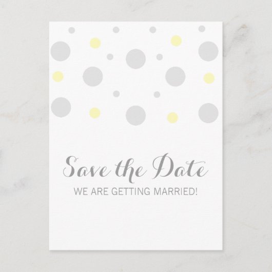 Graugelbe Konfetti Save the Date Postkarte (Vorderseite)