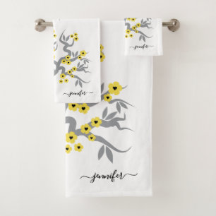 Graugelbe Liebesvögel Sakura Kirschbaumblüten Badhandtuch Set