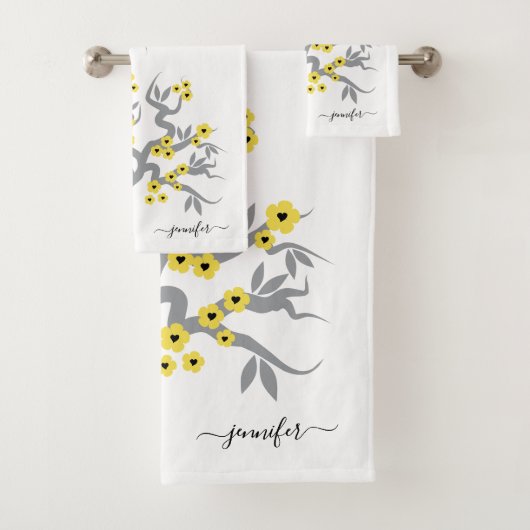Graugelbe Liebesvögel Sakura Kirschbaumblüten Badhandtuch Set (Insitu)
