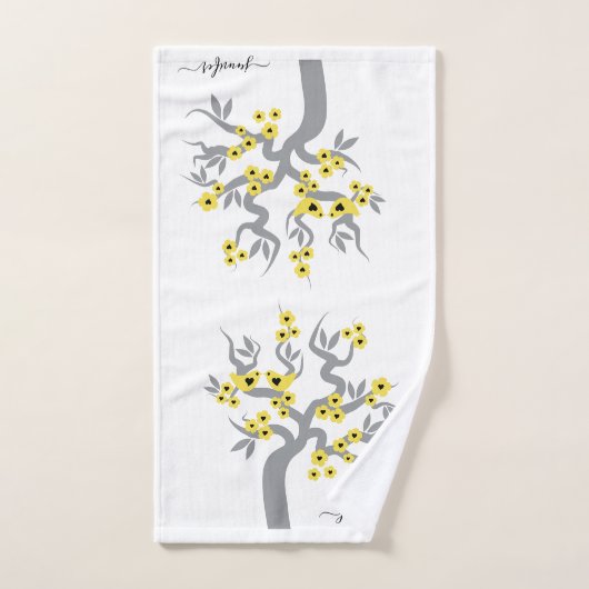 Graugelbe Liebesvögel Sakura Kirschbaumblüten Badhandtuch Set (Handtuch)
