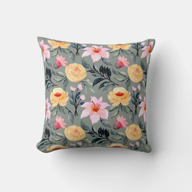 Graugelbe und rosa Blume Kissen (Vorderseite)