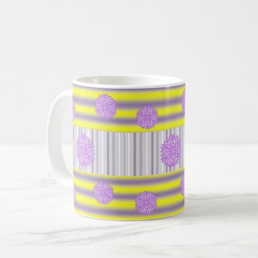 Graugelbe violette Blumen Streifen Tasse (Vorderseite Links)