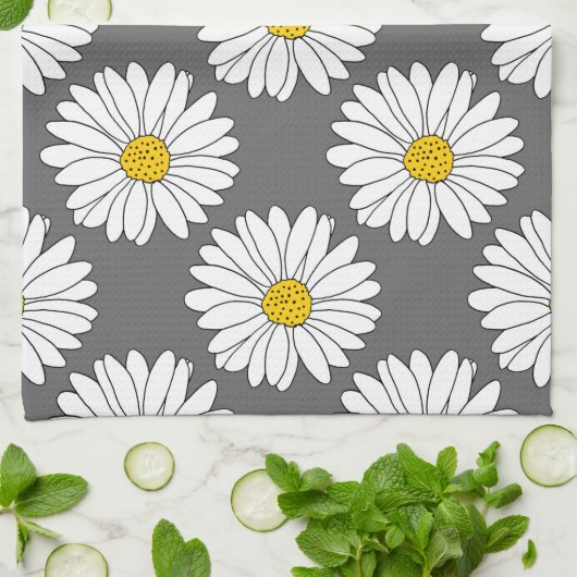 Graugelbes weißes Daisy-Muster Geschirrtuch (Gefaltet)