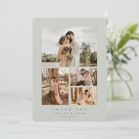 Graugrün Elegant Minimal 4 Foto Hochzeitsflat Dankeskarte (Stehend Vorderseite)