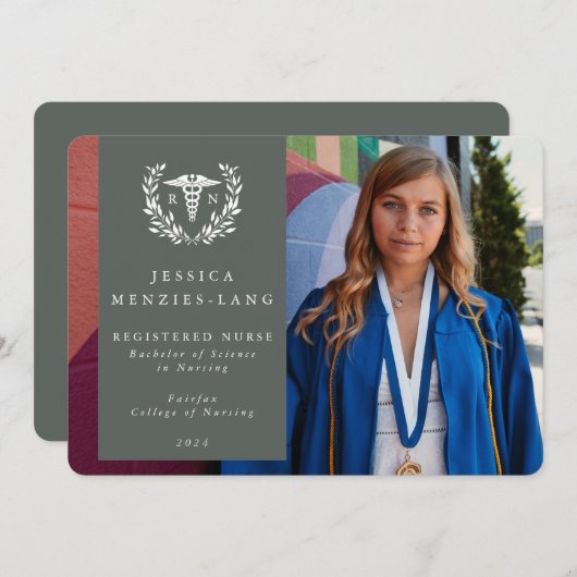 Graugrün + Weiße Laurel Kranz Krankenschwester Ankündigung (Vorne/Hinten)