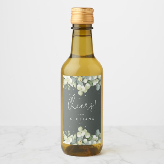 Graugrüne Snowberry+Eucalyptus Bachelorette Mini Weinetikett (Vorderseite)