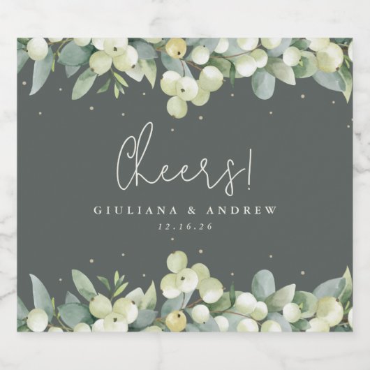 Graugrüne Snowberry+Eukalyptus Winterhochzeit Bierflaschenetikett (Einzelnes Label)