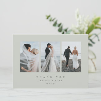 Graugrüne Ultra-Minimal-Dreifach-Foto-Hochzeitswoh Dankeskarte