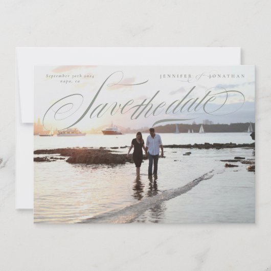 Graugrüner Klassiker QR Code Zwei Foto Save The Date (Vorderseite)