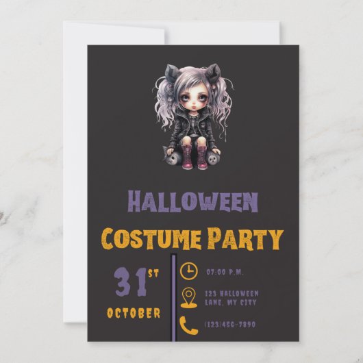 Grauhaarige Gothic Girl Black Halloween Invitat Einladung (Vorderseite)