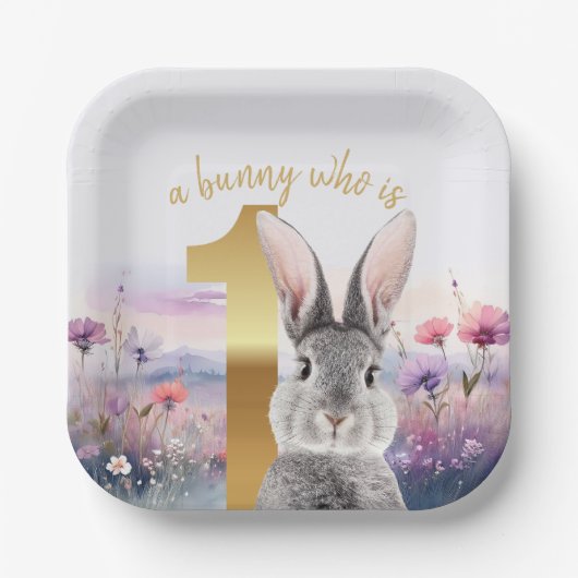 Graukaninchen Erster Geburtstag mit Wildblumen Pappteller (Vorderseite)