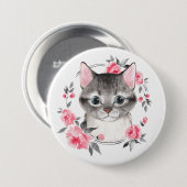 Graukatze mit Blume. Aquarell Button (Vorne & Hinten)