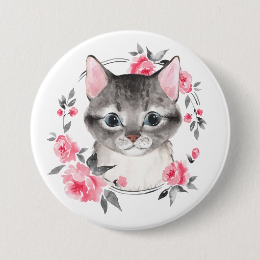 Graukatze mit Blume. Aquarell Button (Vorderseite)
